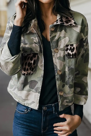 Camo Leopard Patchwork Crop Jacket Statement Military-Inspired Style